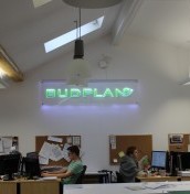 logo on transparent plexiglass illuminated with LEDs